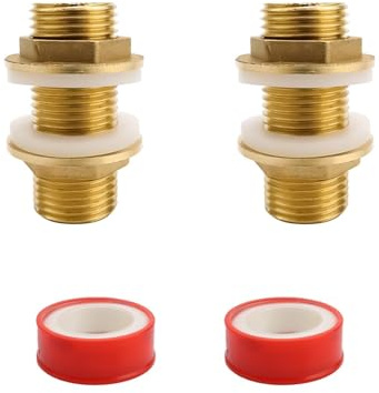 0XBIT Tankdurchführung 1/2 zoll, 2 Stück Schlauchdurchführung aus Messing, Regentonnendurchführung 1/2 zoll, Schottverschraubung mit Dichtung und Rohband, für Wassertanks und Wassertürme