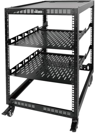 Tecmojo 16U Open Frame Network Rack for Servers and AV Gear, Mobile Server Rack 4-Post with casters, with 2pcs 1U Shelf and Mounting Hardware, AV Rack for 19 Network, Server, and Audio equipments