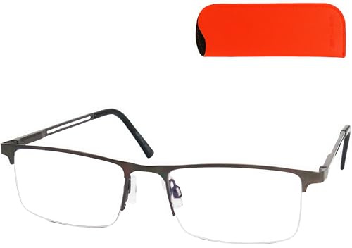 Lunettes de lecture demi-cadre rectangulaires avec filtre bleu et étui | Monture rectangulaire en acier inoxydable de 28 g, avec plaquettes de nez, filtre anti-lumière bleue et étui orange.