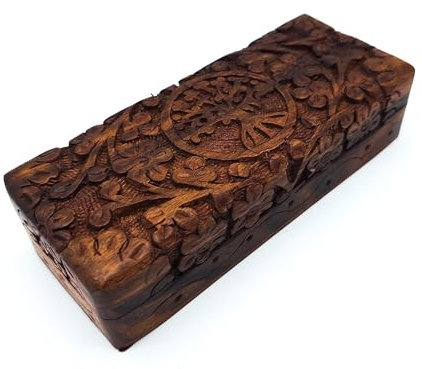 Scatola in legno fatta a mano, misura S, con albero della vita, per conservare gioielli, famiglia, spiritualità, stile di vita, India (misura S, 13,5 x 5,5 x 3,5 cm, peso: circa 170 g)