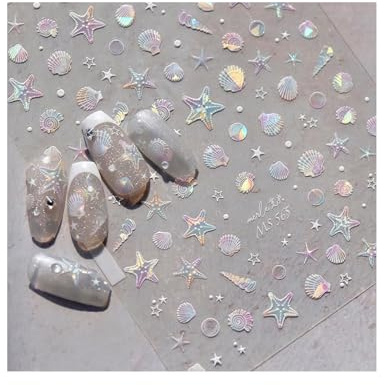 KGDUYC 3D Aurora Nagelsticker Sommer Nagelaufkleber Muscheln Seestern Nagelsticker Nagelfolie Selbstklebend Nail Sticker Summer Nail Art Stickers Meerestiere Cute Sticker Nageldesign Aufkleber