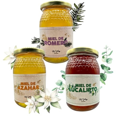 IAMI Pack 3 Mieles Crudas 500 g | Eucalipto, Azahar y Romero Artesanal | Elaboradas por apicultores de la Sierra de Espadán, Castellón | Origen España | Lote para regalar