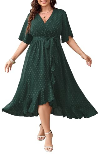 SCOMCHIC Women's Plus Size Summer Dresses Short Sleeve Wrap V Neck Swiss Dot Boho High Low Split Ruffle Maxi Dress, Emerald Green, XL Plus