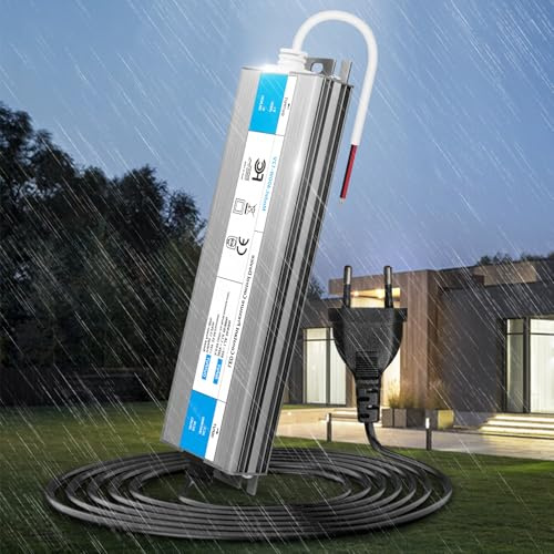 KSIBNW Transformador 220V a 12V 400W, Impermeable IP67 Fuente de Alimentación Exterior Ultra Fino LED Driver con Enchufe AC 220V a DC 12V 33,3A 400W Tensión Controlado Voltaje Constante Driver de Bajo