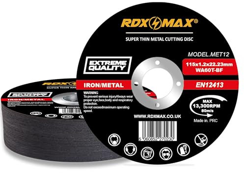 RDXMAX® 115mm Premium Metal Cutting Discs – High Performance, Durable and Precise Metal Grinding Discs for Angle Grinders – Compatible with Steel, Iron & Metals - Pack of 12 (115 x 1.2 x 22.23 mm)