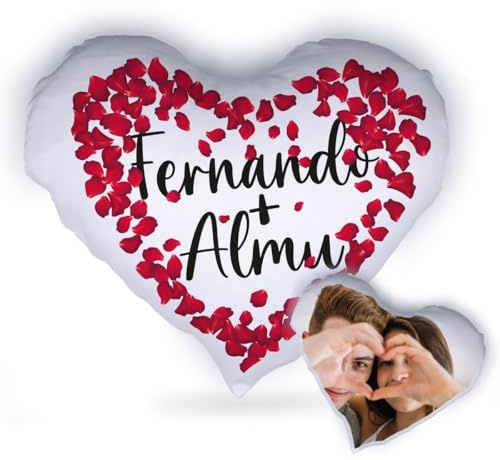 DEREGALOOS Cojín Personalizado con Foto Forma de Corazón 33x33 cm. Pack con Relleno Opcional y Funda Lavable. Regalo Original para San Valentín, Parejas y Aniversarios. (Pétalos)