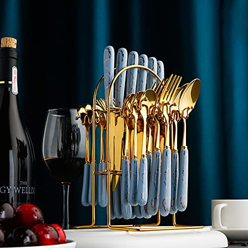 SDGBCXD, Set di Posate in Argento, 24 Pezzi, Set da tavola in Acciaio Inossidabile 304, Set di Posate con Manico in Ceramica, forchetta, Cucchiaio, Coltello, Lavabile in lavastoviglie, 24 Pezzi,Posat