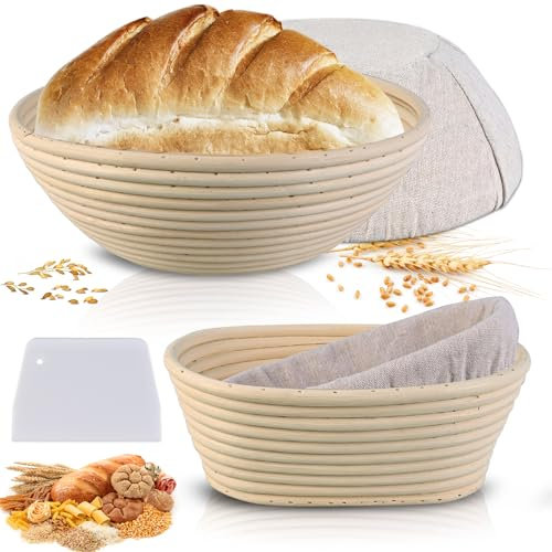 Banneton Bread Proofing Basket Set - 2 Pack 10 Round & 8 Oval Sourdough Bread Baking Supplies, Brotform Proofing Baskets and Liners Ideal for Sourdough and Artisan Bread Making