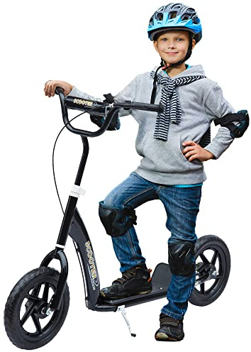 HOMCOM Kick Scooter for Kids 5-12 Years Old, Big Wheel Kids Scooter with Adjustable Height Handlebar, 12 EVA Tyres, Non-Slip Footplate, Rear Brake, Black