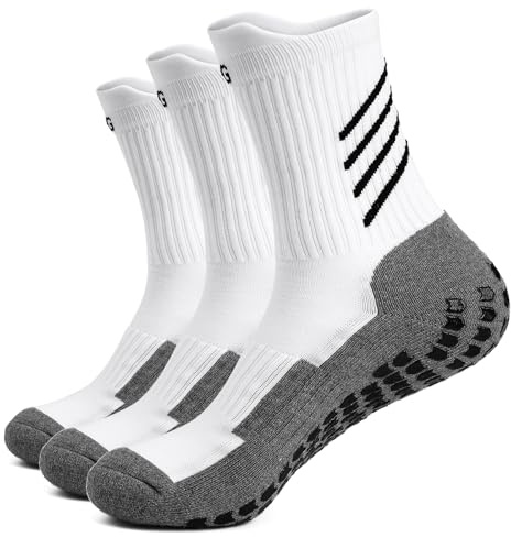 HIKERHEAVENLAR Weiß Antirutsch Fußballsocken Herren Rutschfest Gripsocken Fussball Baumwolle Damen Pilates Gripy Sport Socken Basketball Tennis Lauf Radfahren Joggen größe 43-49 Weißgrau L 3P