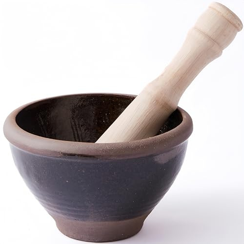 Thai Mörser und Stößel Set - Kleiner Tonmörser mit Holzstößel für Papayasalat, Currypaste und Gewürzmahlen im Thai-Stil