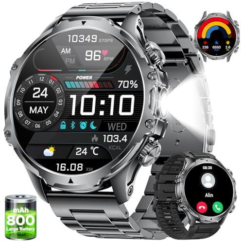 Montre Connectée Homme avec Écran Tactile Extra Grand Écran Appels 800mAh 360 Heures Longue Autonomie Batterie Lampe de Poche Pédomètre Notification Militaire Smartwatch Étanche IP68 pour Android iOS