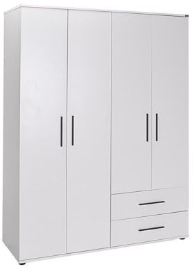 FWStyle Adore 4 Door 2 Drawer Wardrobe – 137cm Wide Matt White Bedroom Storage with Hanging Rail - Adjustable Shelves & Drawers – Flat Pack - Easy Assembly