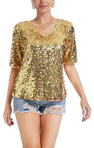Damen Pailletten Oberteil V-Ausschnitt Glitzer Tops Kurzarm Party Bluse T-Shirt Freizeit Sommer Cocktail Club Night Outfits