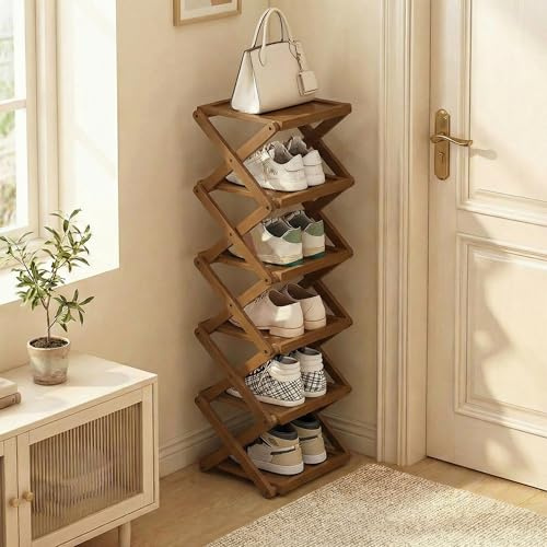 Simcat Bambus-Schuhregal Faltbar, Schmales Hohes Regal,6 Lagen | Ohne Montage, Ideal Für Flur Schlafzimmer Garderobe, Vertikale Lagerung, Braun