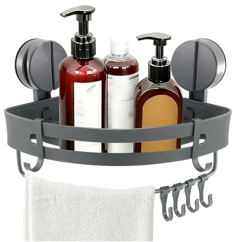 Noviatrix Duschablage Ohne Bohren, Saugnapf Ohne Bohren Duschregal Ecke Eckregal Dusche mit Stange und Haken Duschablage Saugnapf für Badezimmer und Küchen