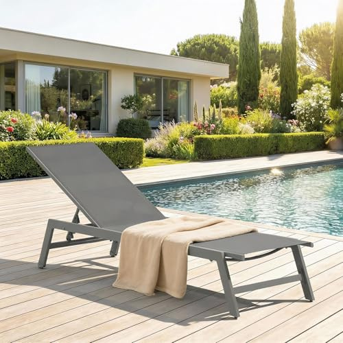 IDIMEX Gartenliege ESPIRITU höhenverstellbar, grau – Sonnenliege mit verstellbarem Kopfteil aus Aluminium und UV-beständigem Textilene, für Terrasse Balkon Garten Outdoor Relaxliege
