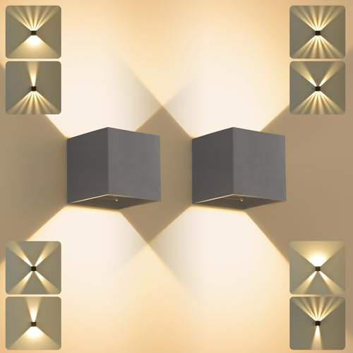 SANSHI 2 Stück LED Wandleuchte Innen/Aussen,12W AußenLampe,3000K,Dunkelgrau | IP65 Wasserdichte Wandlampe,Aussenlampe Up Down Einstellbar Abstrahlwinkel,Modern Aussenleuchte,Garten Außenleuchte