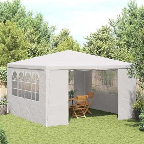 QJBSAVVA Tente de réception 4 x 4 m - Blanc - Imperméable - Protection UV - Stable - Cadre en acier PE 90 g/m² - Avec parois latérales et fenêtres comme pavillon de jardin, auvent pour barbecue