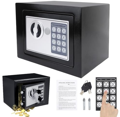 4.6L Small Safe Deposit Box for Home, Office, Hotel - Fireproof Steel Home Security Electronic Safe with Digital Keypad Lock & 2 Keys for Jewelry, Money, Valuables Storage, 23W x 17D x 17H cm, Black