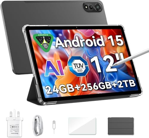 LMHTRADE Tablette de 12 Pouces Tablette de Jeux Android 15 avec Emplacement pour Carte SIM, Stylo, 24Go + 256Go (jusqu'à 2To) 9000mAh / 33W, caméra AI 8MP + 16MP (24G)