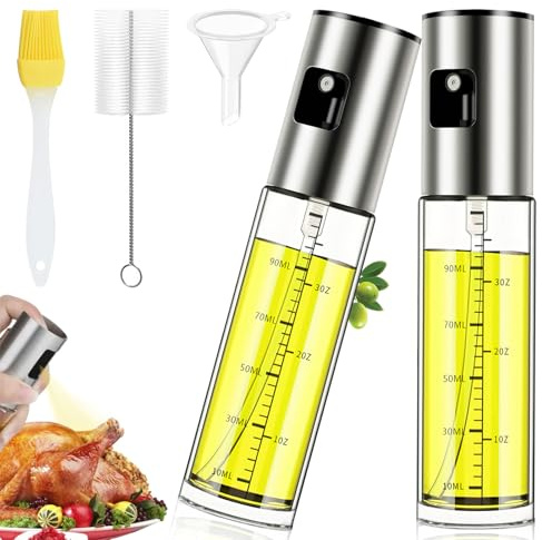 Nylea ÖLsprüHer für Speiseöl 2Pcs,100ml Öl Sprühflasche Edelstahlglas ÖLspray Zum Kochen Öl spray für Heißluftfritteuse Airfryer Öl Spray für Salat, Grillen, Backen In der Küche Kleine Glas