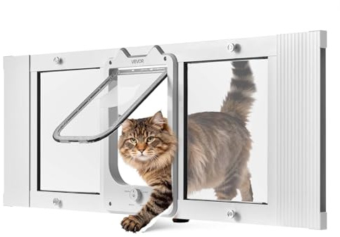 VEVOR Chatière pour Chat Convient aux Fenêtres de 889 à 1016 mm, Porte de Fenêtre pour Animal Domestique, 4 Modes de Verrouillage, Fermeture Magnétique, Aluminium Verre Haute Transparence, Blanche