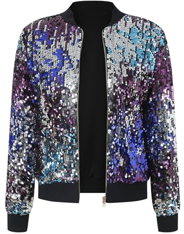 Damen Pailletten Jacke Damen Glitzer Jacke Glänzende Outfit Cardigan Reißverschluss Langarm Bomberjacke Party Club Offen Glitzer Cardigan Reißverschluss Fliegenjacke für den Alltag Karneval (Blue, M)