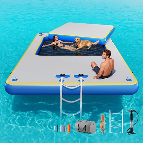 SPECRAFT Inflatable Floating Dock, 12x8 FT Floating Platform with Mesh Area, Non-Slip PVC Surface, 2-in-1 Dry and Wet for Ocean, Pool, Beach, Boat for Adults and Pets
