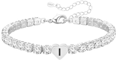 Silver Initial Tennis Bracelets Gifts for Womens Ladies Teenage Girls Personalized Nomination Name Letter I Heart Pendant Birthday Christmas Gifts for Teen Daughter Sister Friends Jewellery
