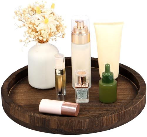 Farmhouse Decor Tray, 30cm Round Wooden Serving Dessert Platter for Coffee Table Centrepiece Candle Plate for Dining Living Room Kitchen Bathroom Decorative Home Accessories (Dark Coffee)
