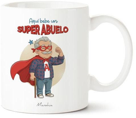 Manahia - Taza Abuelito - Aquí bebe un super abuelo | Regalo Original Nietos, Superabuelo - Idea Sorpresa Día del Padre, Navidad | Caja Regalo Kraft