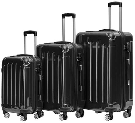 BEIBYE Hartschalen Koffer Trolley Rollkoffer Reisekoffer 4 Zwillingsrollen Polycabonat (Schwarz, Kofferset)