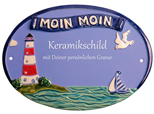 Handarbeit aus Schleswig-Holstein Keramikschild 23,5 x 17,0 cm Leuchtturm Moin Moin (hellblau)
