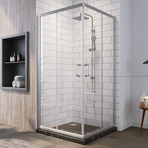 SUNNY SHOWER 36 in. x 36 in. x 72 in. Bypass Sliding Shower Enclosure, 1/4 in.Clear Glass Shower Enclosure with Shower Base, Brushed Nickel