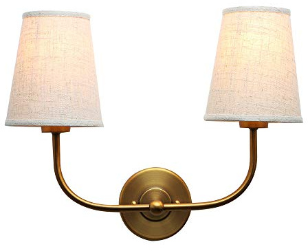 PERMO Vintage Double Sconce Large Antique 2-Lights Sconces with Flared Funnel Linen Beige Fabric Shade Hardwired Double Wall Sconce E26 Base