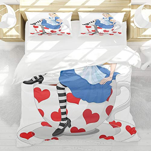 BEDNRY Set Biancheria da Letto,Alice nel Paese delle Meraviglie Alice Sveglia Che Si siede sulla Tazza di tè con Cuore Forme Personaggio Fantasia a Strisce,1 Copripiumino 140x200cm 2 federe 50x80cm