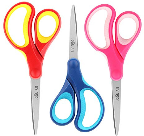 LIVINGO 7 Left and Right Handed School Stationery Scissors, Sharp Stainless Steel Pointed Tip Blades Crafting Shears for Kids Childrens Students Adult Office Craft, Soft Touch, Assorted Color, 3 Pack