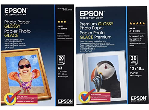 EPSON Foto Papier glänzend A3 20 Blatt 1er-Pack & Premium glossy photo paper inkjet 255g/m2 130x180mm 30 Blatt Pack