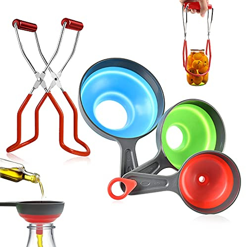 GZhaimai 3 Piezas Embudo de Silicona, 1 Pcs Levantador de Conservas Multifuncional Antideslizante Abrazaderas, para Decantar Especias, Líquidos, Mermelada