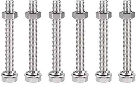 sourcing map M10 x 90 mm Sechskantschrauben, Muttern, Flach- und Unterlegscheibenset, 304 Edelstahl, Vollgewinde, Sechskantschrauben, 6 Sets