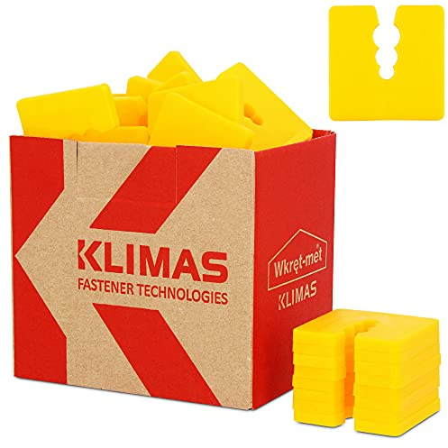 Klimas® Juego de espaciadores de plástico de 5 mm, 50 unidades, color amarillo, perfiles de zócalo, separación para tacos universales con 3 diámetros de 6/8/10 mm de diámetro, espaciadores PE