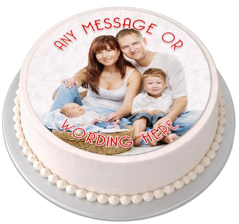 Personalised Photo Cake Topper - Your Own Image Skinny Text - Round Circle Edible Premium Icing Sheet, Upload Your Image & Message, Custom Birthday Cake Decoration, Any Size 4-7.5 Inch - Red Text