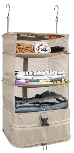Surblue Kleiderschrank-Organizer zum Aufhängen 3 Ebenen faltbar, waschbarer Oxford-Stoff mit 2 Haken Beige L