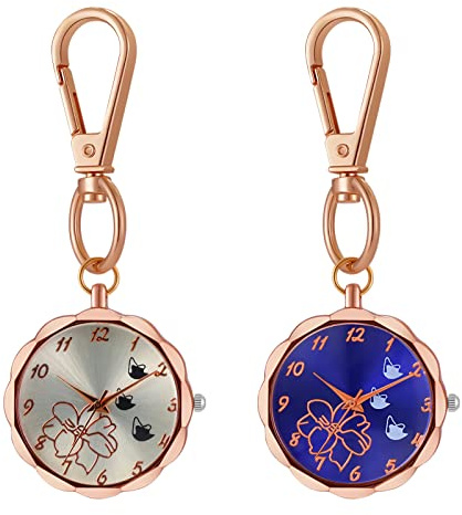 JewelryWe Novelty Key Chain Watch Stylish Flower Key Ring Gold Quartz Pocket Watch FOB Clip-on Watch, for Men Women