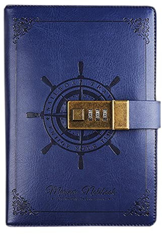 Auvier Tagebuch mit Schloss, Passwort-Notizbuch mit Stift, PU-Leder-Notizbuch mit Schloss, Skizzenblock, Tagebuch-Organizer, nachfüllbares Tagebuch, Fadenpapier-Geschenk für Mädchen, Jungen, Blau