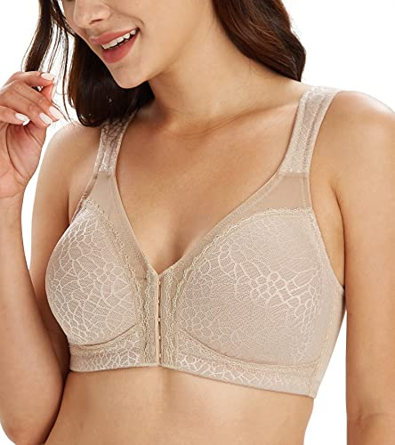 Lemorosy Women's Wirefree Jacquard Back Support Bra Full Figure Front Closure Posture Bras