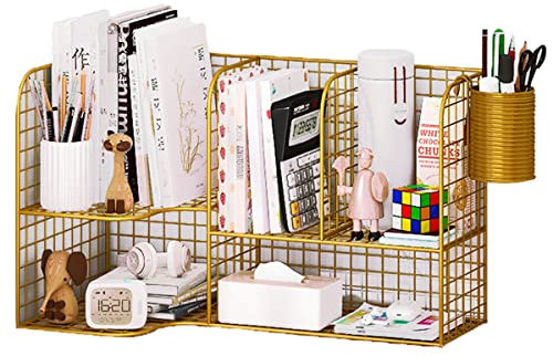 ALFAAL Schreibtisch Organizer 5 Fächern, Multifunktions Schreibtisch Aufbewahrungsregal, 2-Fach Dokumentenablage (Color : Golden)