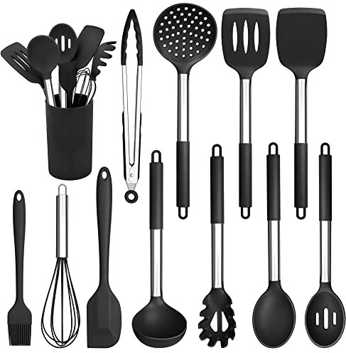 Herogo Kitchen Utensils Set, 12 Pieces Silicone Cooking Utensils with Stainless Steel Handle, Heat Resistant Cooking Tools Turner Spoon Spatula Set with Holder, Easy to Clean - Black