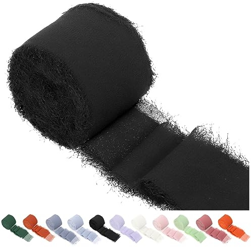 Swpeet 1 rulle svart fransad trasband, cirka 3,8 cm x 10 meter, handgjort silkesband, handgjort sandband, naken sandband, för presentförpackning, hantverk, dekoration
